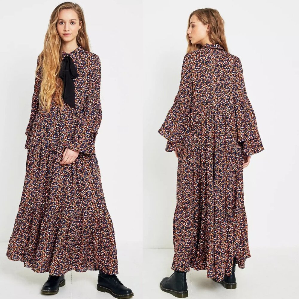 Free People Charlotte Tie-Front Geometric Print Maxi Dress Boho 70s Vibe Size M